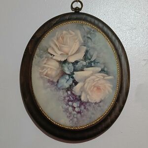 Vintage Beaded Glass Oval Plaque Mike Cindy Rust Floral Roses